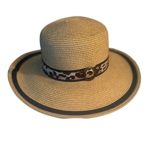 Nine West Tan Straw Sun Hat with Leopard Accent and Black Trim
